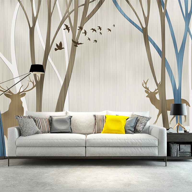 Personalisierte Illustration nordischer Wandgemälde mit Silhouette-Hirsch im blattlosen Baummuster Blaubraun Clearhalo