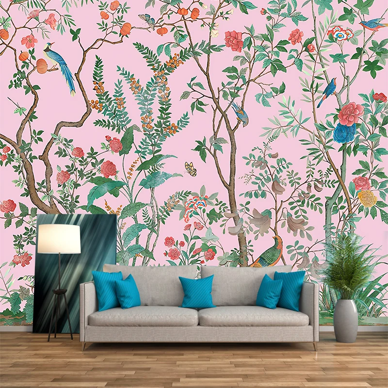 Personalisierte Illustration, stilvolle Wandgemälde mit Vogel- und Blumensträuchermuster sanften Farben Clearhalo