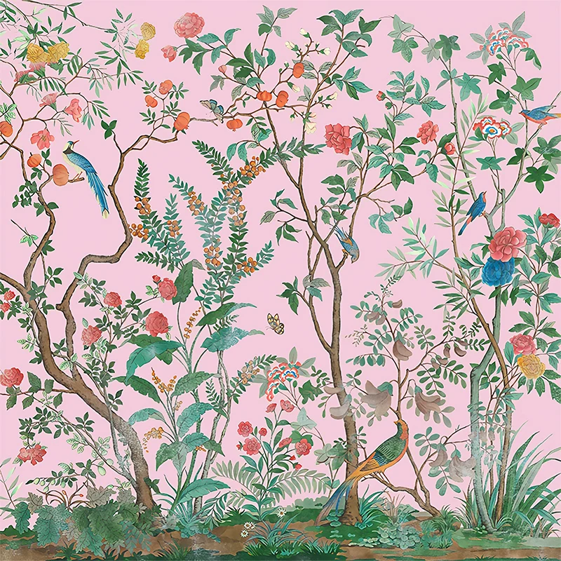 Personalisierte Illustration, stilvolle Wandgemälde mit Vogel- und Blumensträuchermuster sanften Farben Clearhalo