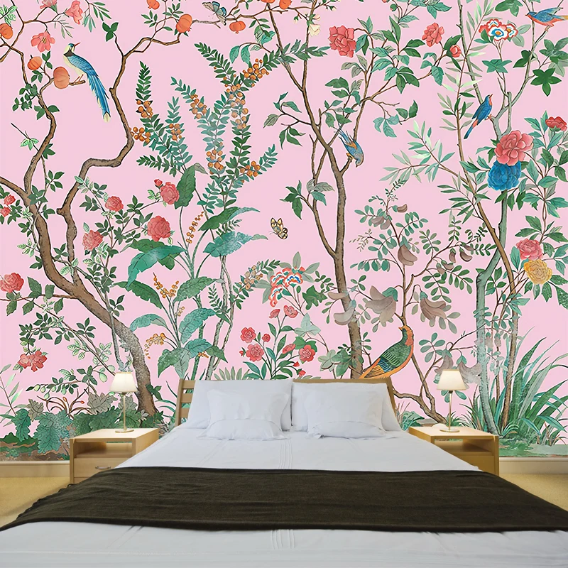 Personalisierte Illustration, stilvolle Wandgemälde mit Vogel- und Blumensträuchermuster sanften Farben Clearhalo