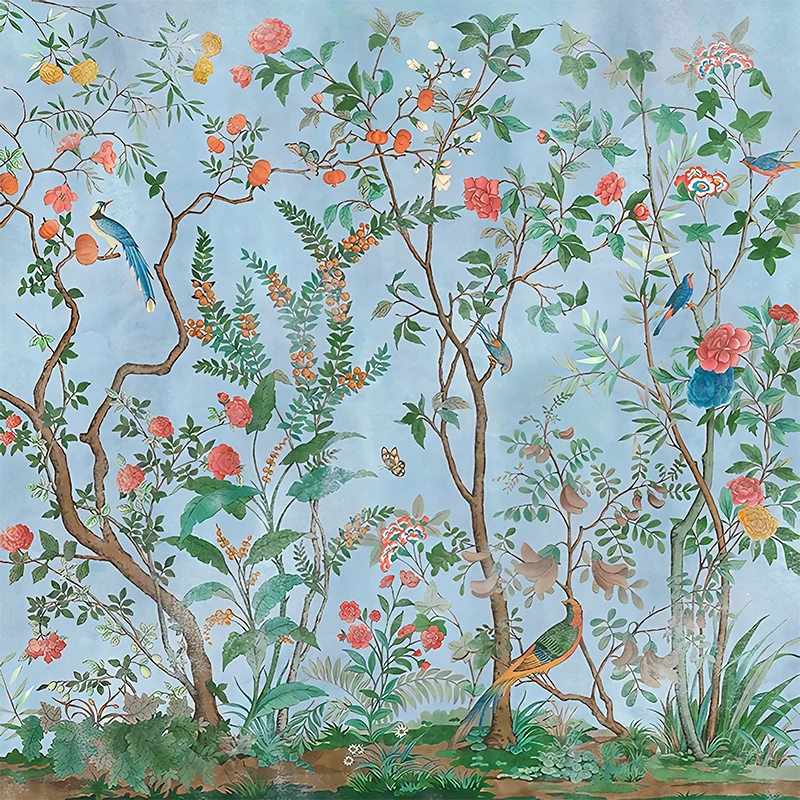 Personalisierte Illustration, stilvolle Wandgemälde mit Vogel- und Blumensträuchermuster sanften Farben Clearhalo