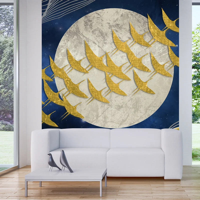 Personalisiertes Illustrations-Kunstwandgemälde mit Vogelschwarm, der über den Vollmond fliegt, Gelb-Blau Clearhalo