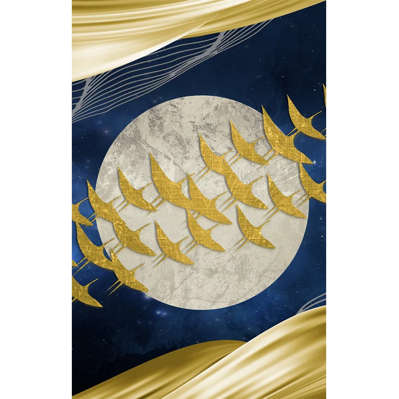 Personalisiertes Illustrations-Kunstwandgemälde mit Vogelschwarm, der über den Vollmond fliegt, Gelb-Blau Clearhalo