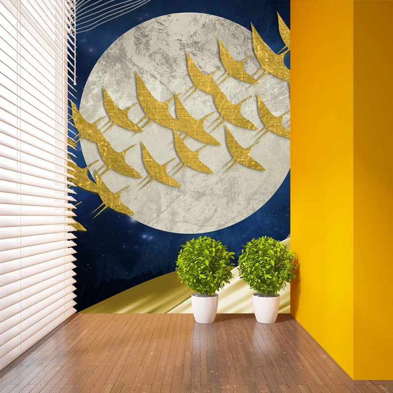 Personalisiertes Illustrations-Kunstwandgemälde mit Vogelschwarm, der über den Vollmond fliegt, Gelb-Blau Clearhalo