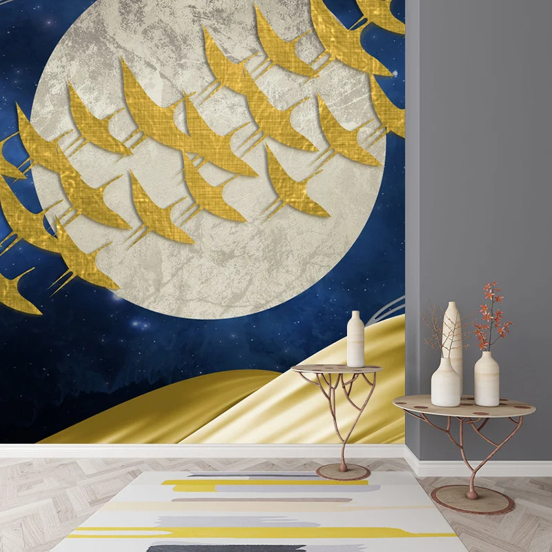 Personalisiertes Illustrations-Kunstwandgemälde mit Vogelschwarm, der über den Vollmond fliegt, Gelb-Blau Clearhalo