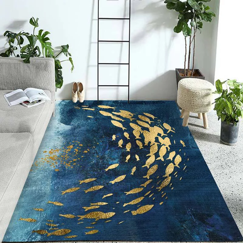 Polyester-Teppich, blaue Serie, moderner Stil, waschbar, mit Fischgruppen-Muster, Raumteppiche Clearhalo