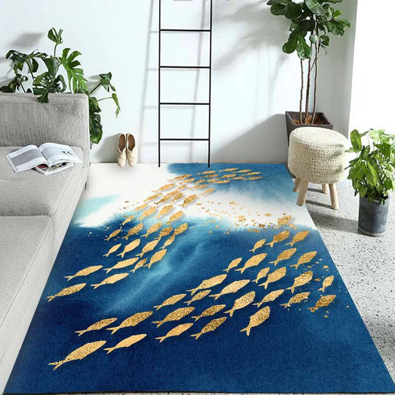 Polyester-Teppich, blaue Serie, moderner Stil, waschbar, mit Fischgruppen-Muster, Raumteppiche Clearhalo