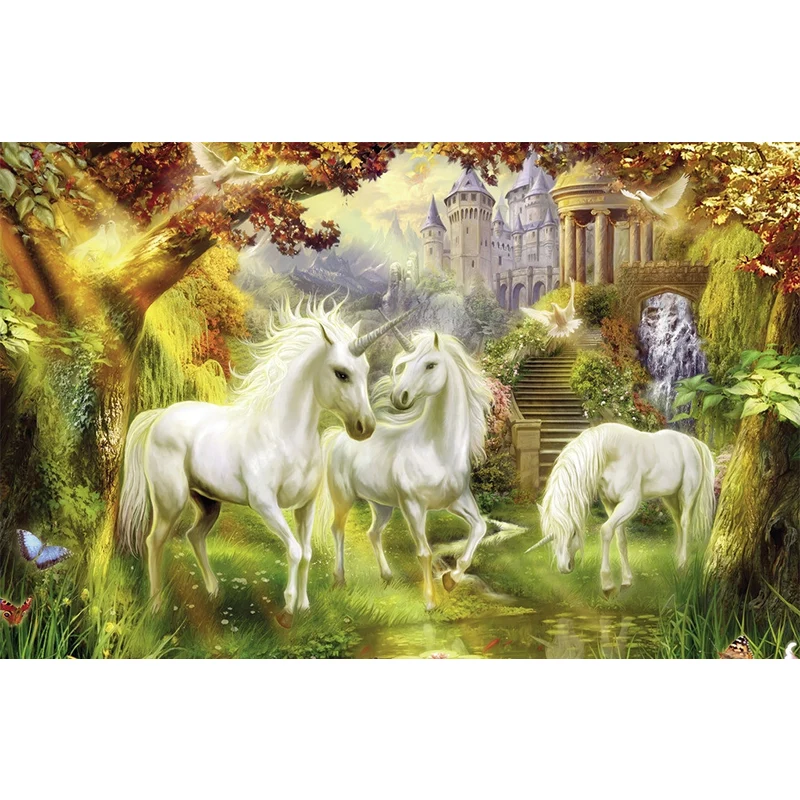 Renaissance-Wandgemälde mit Einhorn und Schloss, weiß-grün-gelbe Tierwanddekoration, optionale Größe Clearhalo