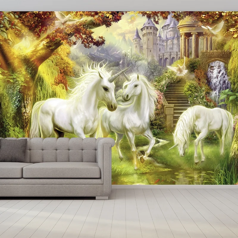 Renaissance-Wandgemälde mit Einhorn und Schloss, weiß-grün-gelbe Tierwanddekoration, optionale Größe Clearhalo