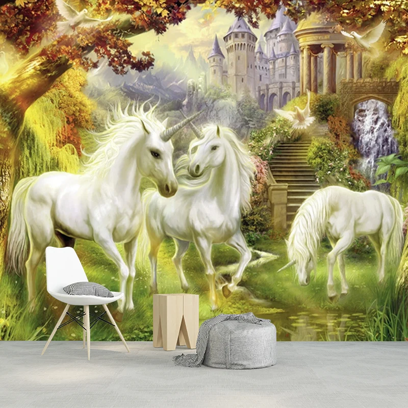 Renaissance-Wandgemälde mit Einhorn und Schloss, weiß-grün-gelbe Tierwanddekoration, optionale Größe Clearhalo