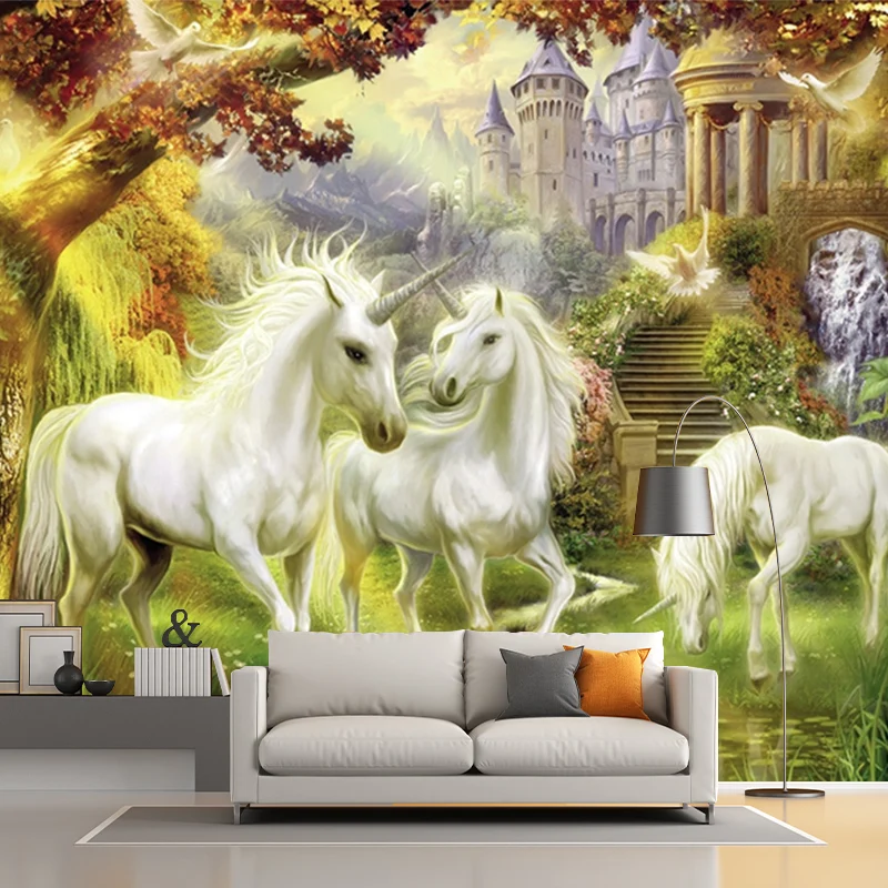 Renaissance-Wandgemälde mit Einhorn und Schloss, weiß-grün-gelbe Tierwanddekoration, optionale Größe Clearhalo