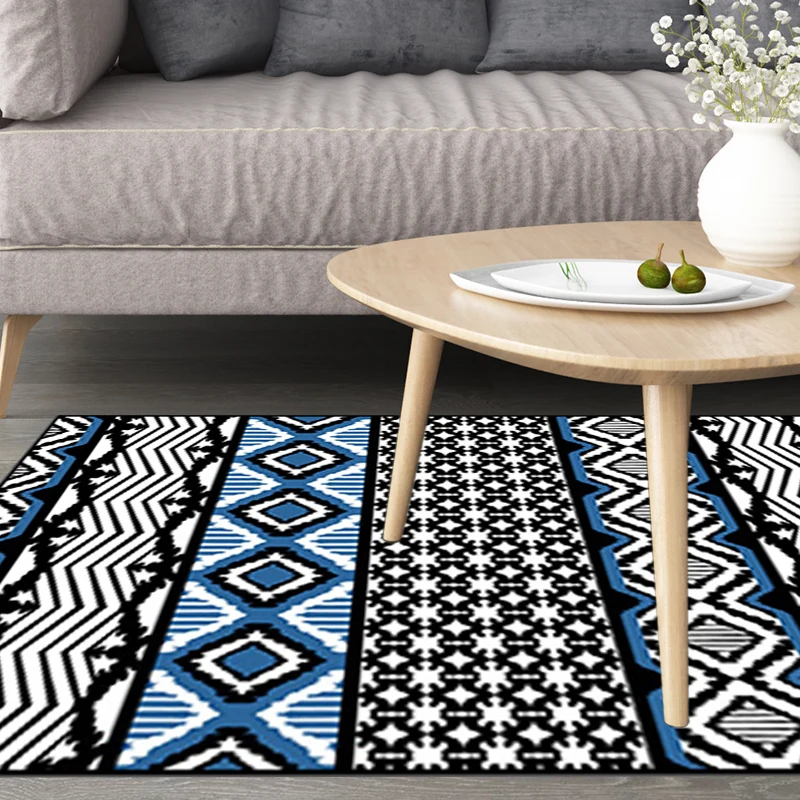 Retro-Teppich mit geometrischen Wellenstreifen Schwarz, Bohemian-Teppich, rutschfester Teppich aus Polyester für das Wohnz...