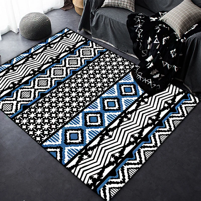 Retro-Teppich mit geometrischen Wellenstreifen Schwarz, Bohemian-Teppich, rutschfester Teppich aus Polyester für das Wohnz...