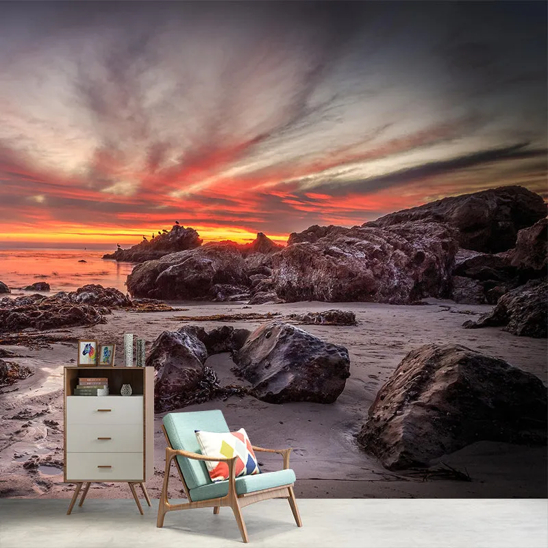 Riesige modernistische Wandtapete, braunes Wattenmeer mit abendlich leuchtendem Himmel, Wandkunst Clearhalo