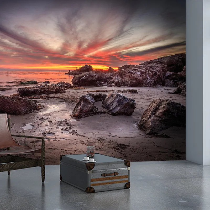 Riesige modernistische Wandtapete, braunes Wattenmeer mit abendlich leuchtendem Himmel, Wandkunst Clearhalo
