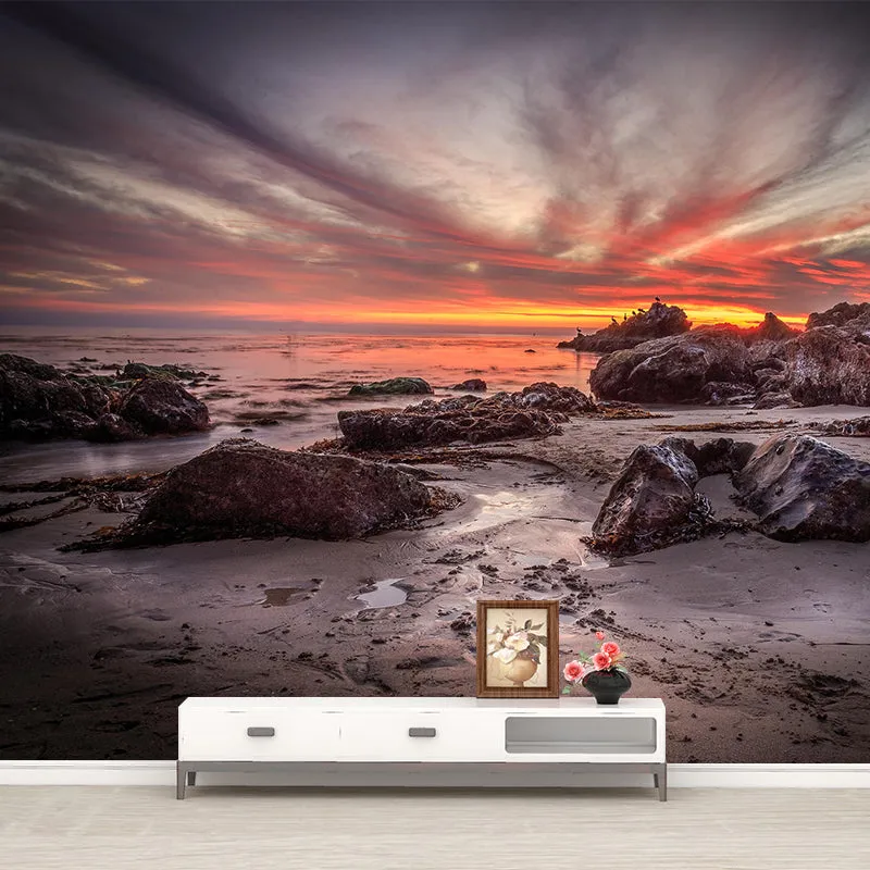 Riesige modernistische Wandtapete, braunes Wattenmeer mit abendlich leuchtendem Himmel, Wandkunst Clearhalo