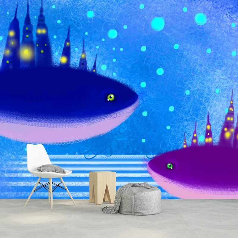 Riesiges Walschloss-Wandbild, blau-lila Vlies-Wanddekoration, schmutzabweisend, individueller Druck Clearhalo