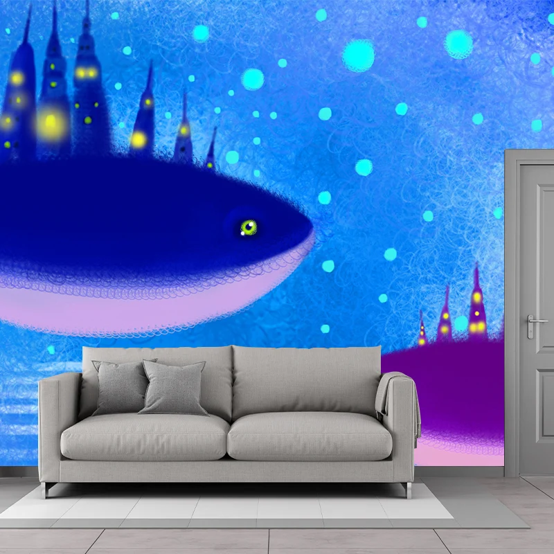 Riesiges Walschloss-Wandbild, blau-lila Vlies-Wanddekoration, schmutzabweisend, individueller Druck Clearhalo