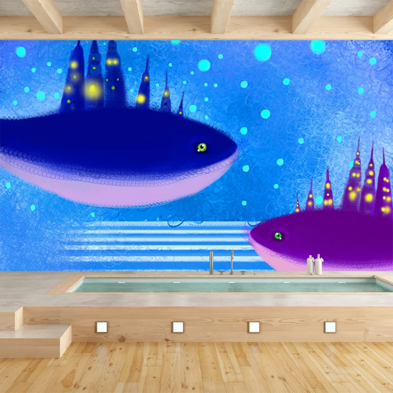 Riesiges Walschloss-Wandbild, blau-lila Vlies-Wanddekoration, schmutzabweisend, individueller Druck Clearhalo