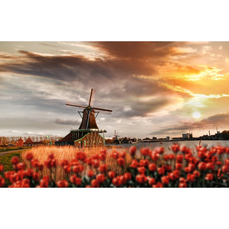 Romantischer Windmühlen-Ansicht-Wandaufkleber für Wohnzimmer, sanfte Farbe, individuelle Größe erhältlich Clearhalo