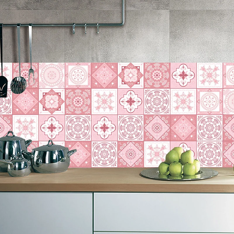 Rosa Fliesen-Tapetenpaneele, geometrische Bohemia-Wanddekoration zum Abziehen und Aufkleben für Zuhause Clearhalo