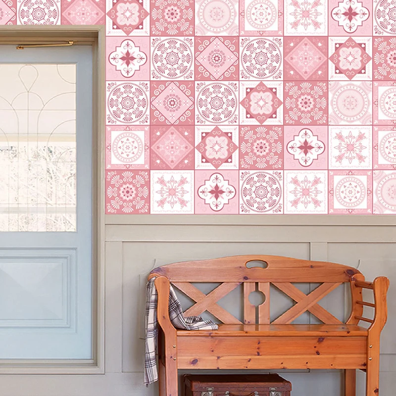 Rosa Fliesen-Tapetenpaneele, geometrische Bohemia-Wanddekoration zum Abziehen und Aufkleben für Zuhause Clearhalo