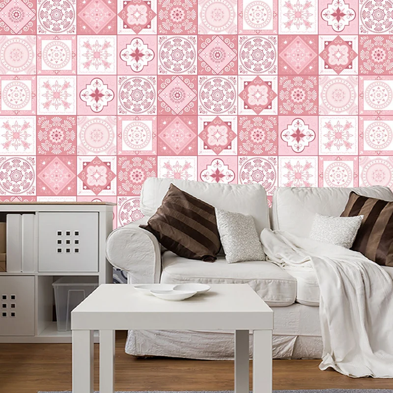 Rosa Fliesen-Tapetenpaneele, geometrische Bohemia-Wanddekoration zum Abziehen und Aufkleben für Zuhause Clearhalo