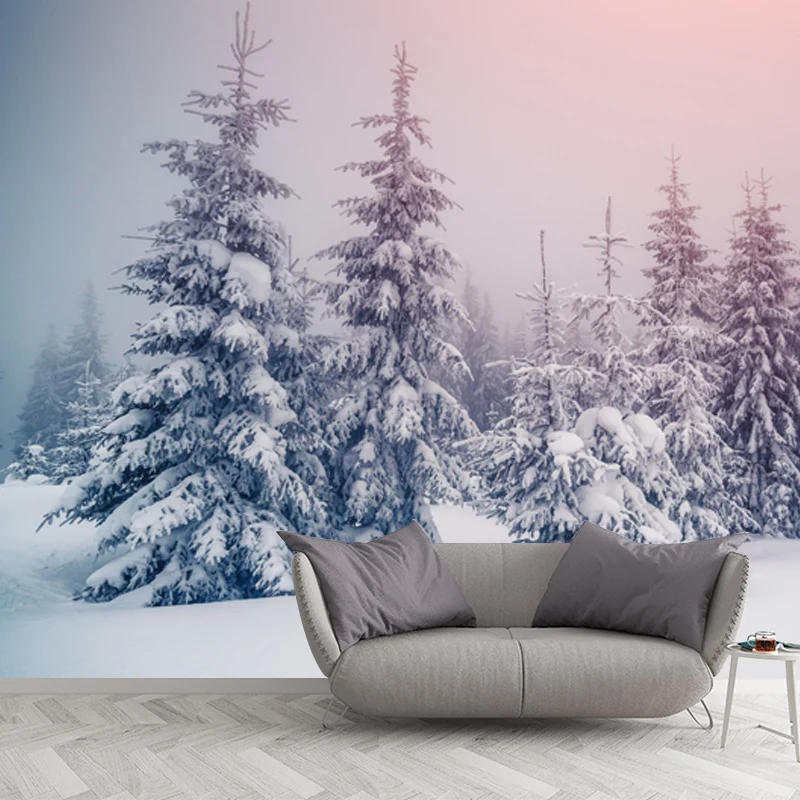 Rosa Himmel-Schnee-Zypressen-Wandtapete, waschbar, zeitgenössische Schlafzimmer-Wandkunst, Vlies Clearhalo