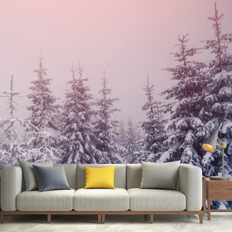 Rosa Himmel-Schnee-Zypressen-Wandtapete, waschbar, zeitgenössische Schlafzimmer-Wandkunst, Vlies Clearhalo