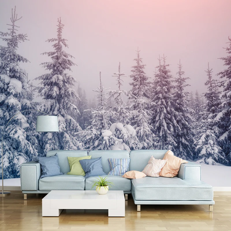 Rosa Himmel-Schnee-Zypressen-Wandtapete, waschbar, zeitgenössische Schlafzimmer-Wandkunst, Vlies Clearhalo