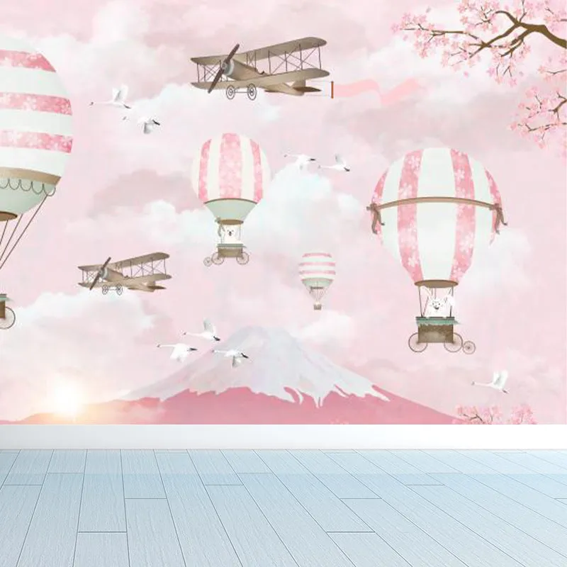 Rosa Kaninchen Ballon Reise Wandbild Mount Fuji Kirschblüte Cartoon waschbare Wanddekoration Clearhalo