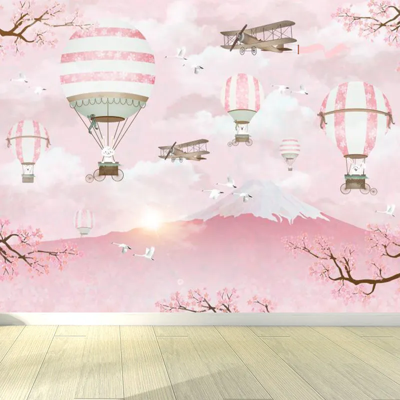 Rosa Kaninchen Ballon Reise Wandbild Mount Fuji Kirschblüte Cartoon waschbare Wanddekoration Clearhalo