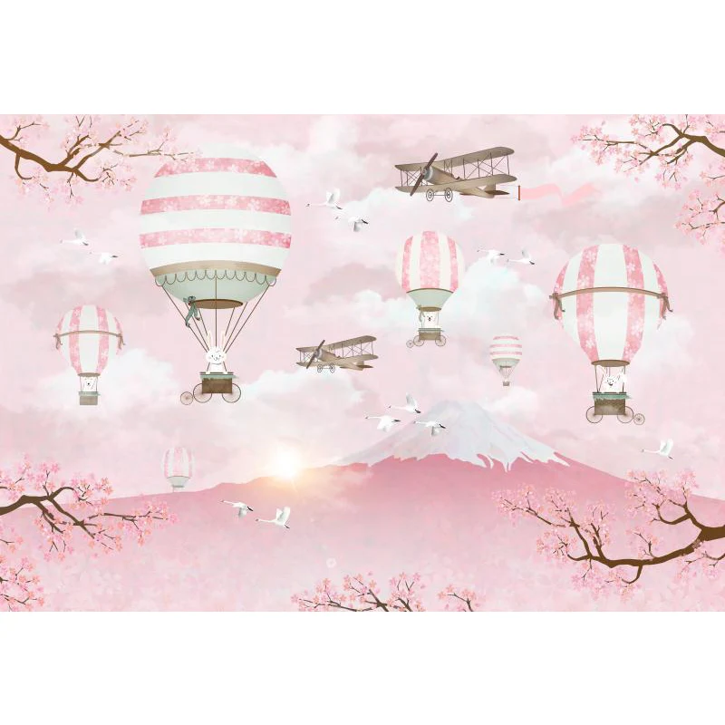 Rosa Kaninchen Ballon Reise Wandbild Mount Fuji Kirschblüte Cartoon waschbare Wanddekoration Clearhalo
