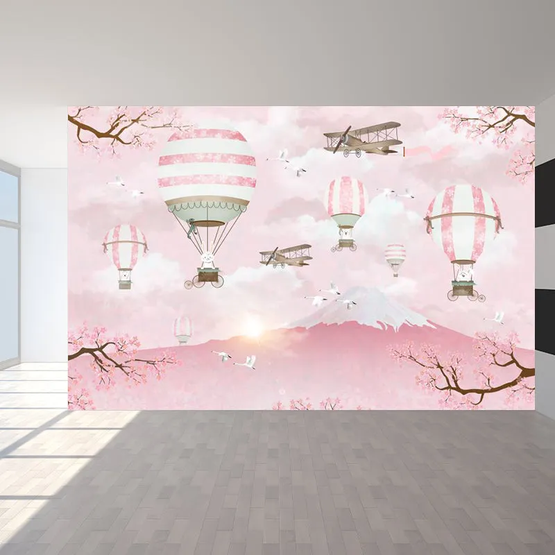 Rosa Kaninchen Ballon Reise Wandbild Mount Fuji Kirschblüte Cartoon waschbare Wanddekoration Clearhalo