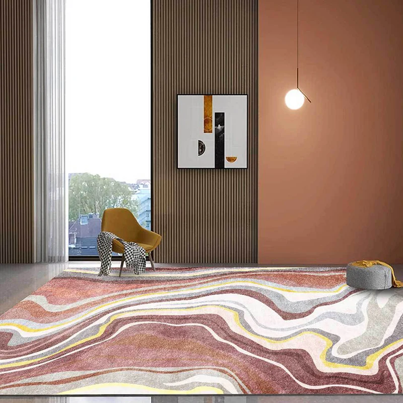 Rosa und weißer nordischer Teppich, Polyester-Swirl-Streifenmuster, waschbarer, rutschfester Teppich für das Wohnzimmer Cl...