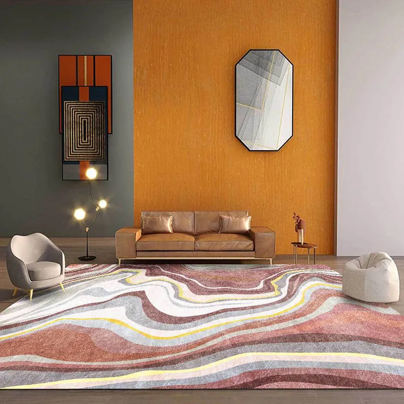 Rosa und weißer nordischer Teppich, Polyester-Swirl-Streifenmuster, waschbarer, rutschfester Teppich für das Wohnzimmer Cl...
