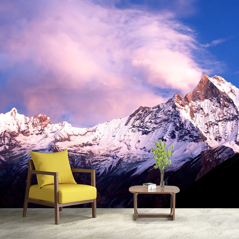 Rosa-blaue zeitgenössische Wandgemälde mit ganzen dunklen Schneebergen und sonnigem Himmel, Wandkunst für Zuhause Clearhalo