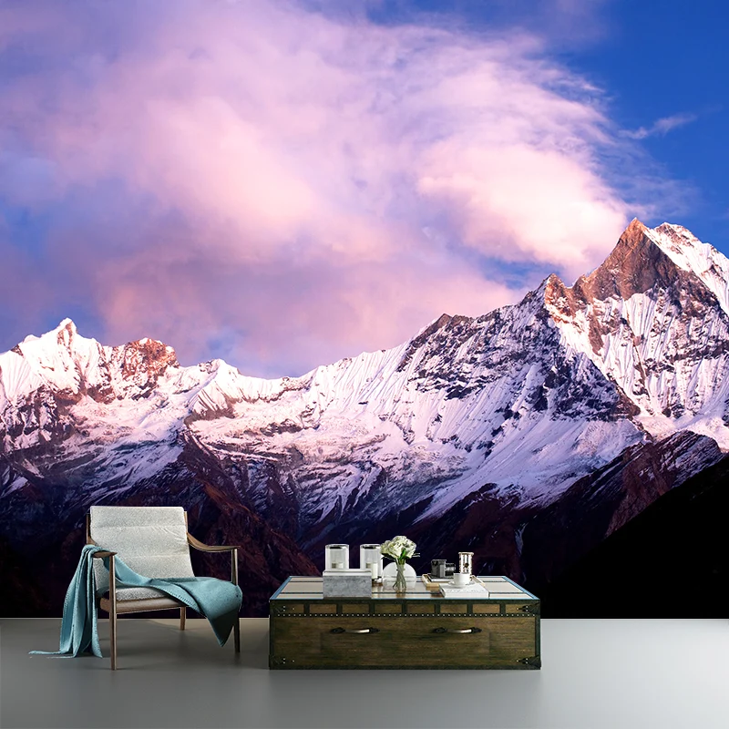 Rosa-blaue zeitgenössische Wandgemälde mit ganzen dunklen Schneebergen und sonnigem Himmel, Wandkunst für Zuhause Clearhalo