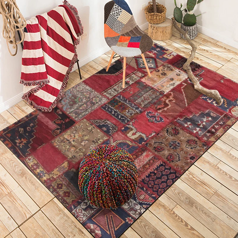 Roter Schlafzimmerteppich, marokkanischer, rechteckiger Teppich mit Blumenstreifenmuster, rutschfester Polyester-Teppich C...