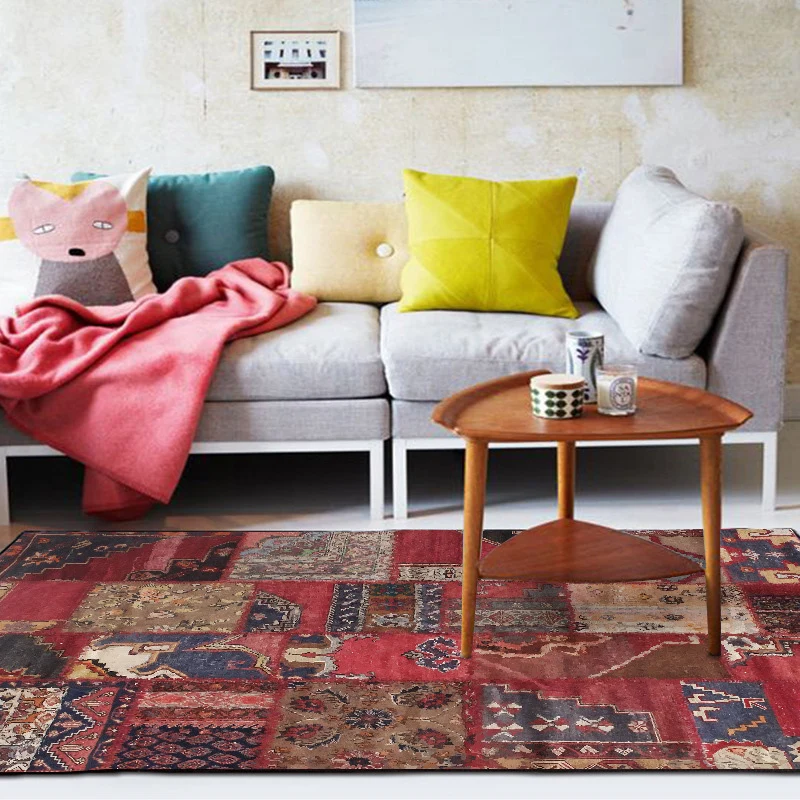 Roter Schlafzimmerteppich, marokkanischer, rechteckiger Teppich mit Blumenstreifenmuster, rutschfester Polyester-Teppich C...