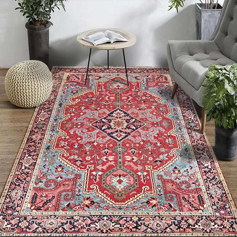 Roter Schlafzimmerteppich mit marokkanischem Medaillon und Blumenmuster, Polyester, haustierfreundlich, rutschfester Teppi...