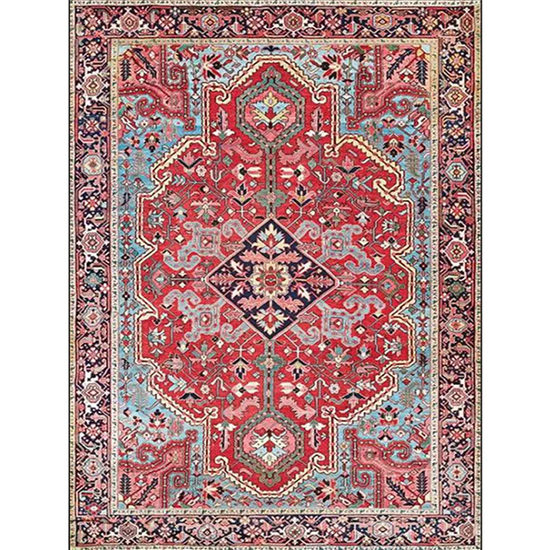 Roter Schlafzimmerteppich mit marokkanischem Medaillon und Blumenmuster, Polyester, haustierfreundlich, rutschfester Teppi...