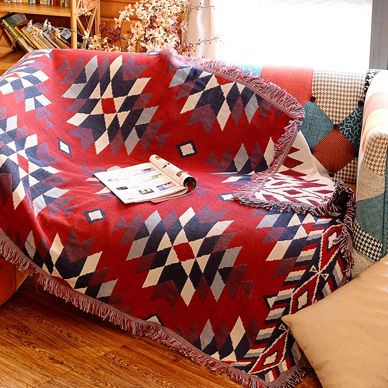 Roter Teppich für das Wohnzimmer, Boho-Teppich mit Rautenmuster, haustierfreundlicher Teppich aus Baumwolle mit Quastenfra...