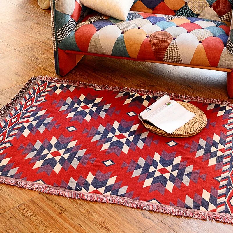 Roter Teppich für das Wohnzimmer, Boho-Teppich mit Rautenmuster, haustierfreundlicher Teppich aus Baumwolle mit Quastenfra...