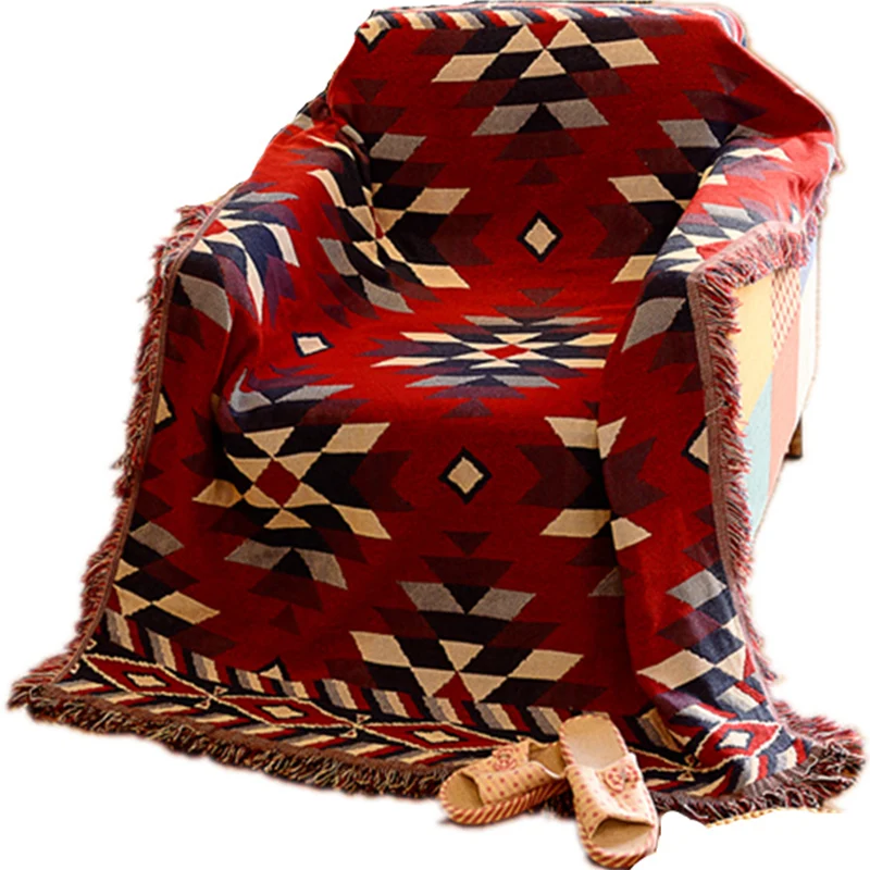 Roter Teppich für das Wohnzimmer, Boho-Teppich mit Rautenmuster, haustierfreundlicher Teppich aus Baumwolle mit Quastenfra...