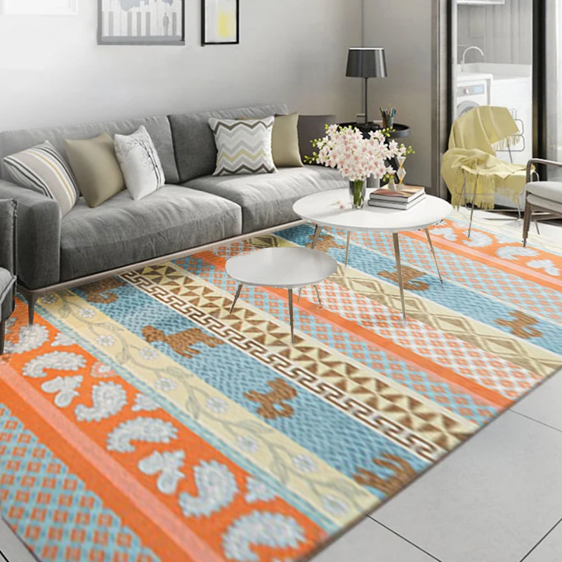 Rustikaler orangefarbener Wohnzimmerteppich, gestreifter Paisley-Teppich mit Tier-Polyester, haustierfreundlich, schmutzab...