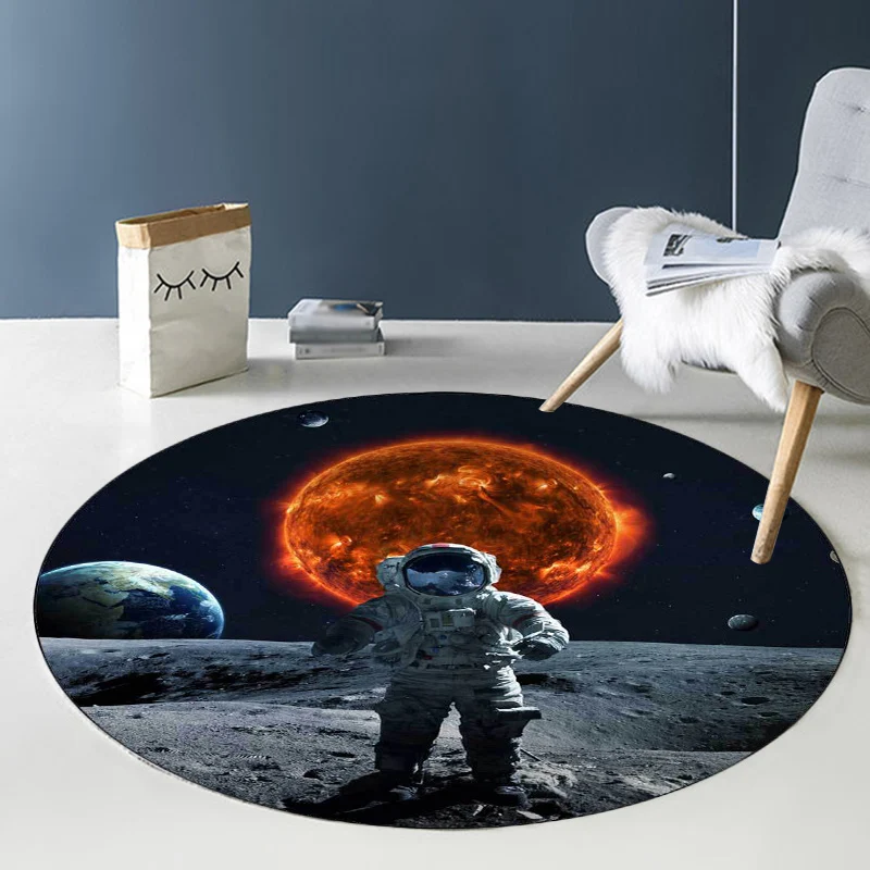 Schwarzer und grauer Schlafzimmerteppich, moderner Weltraum-Planet-Astronauten-Muster-Teppich, schmutzabweisender Polyeste...
