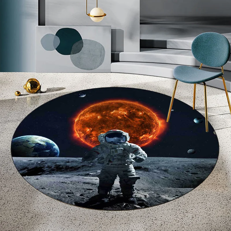 Schwarzer und grauer Schlafzimmerteppich, moderner Weltraum-Planet-Astronauten-Muster-Teppich, schmutzabweisender Polyeste...