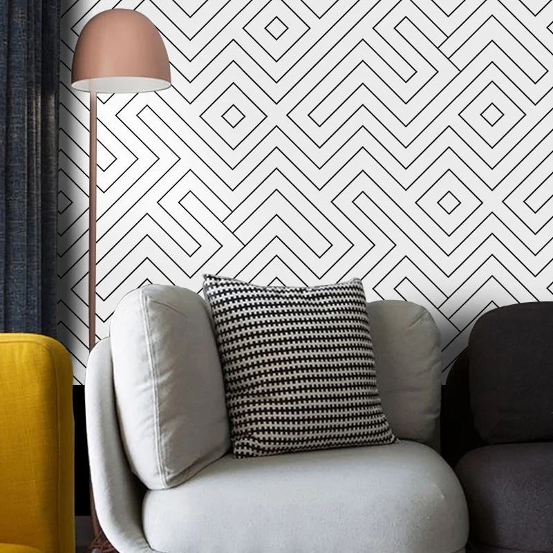 Schwarz-weiße Linien-Labyrinth-Tapete, temporäre, moderne Wohnzimmer-Wanddekoration, selbstklebend Clearhalo