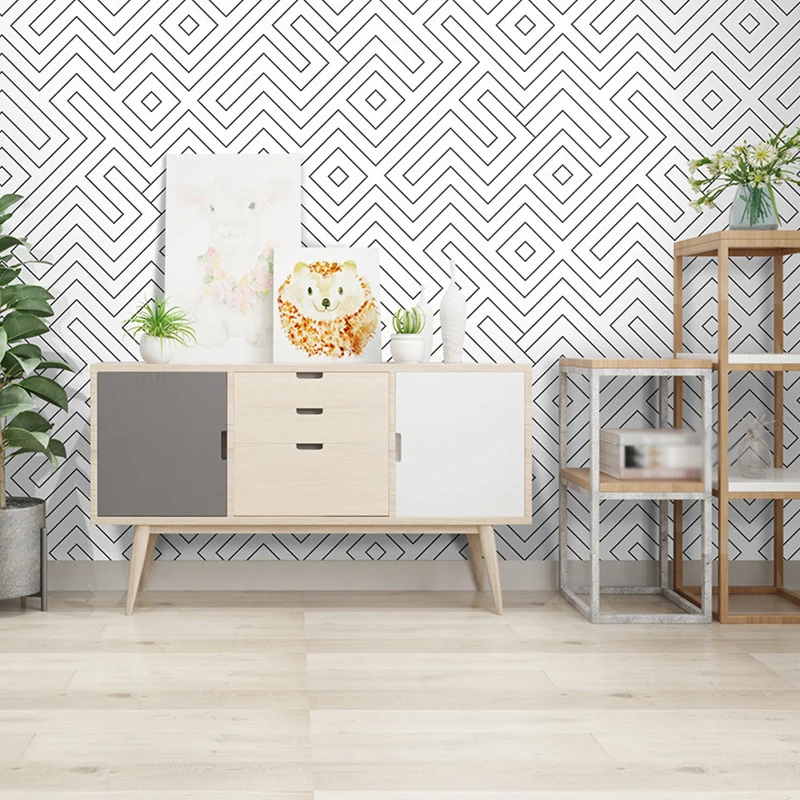 Schwarz-weiße Linien-Labyrinth-Tapete, temporäre, moderne Wohnzimmer-Wanddekoration, selbstklebend Clearhalo